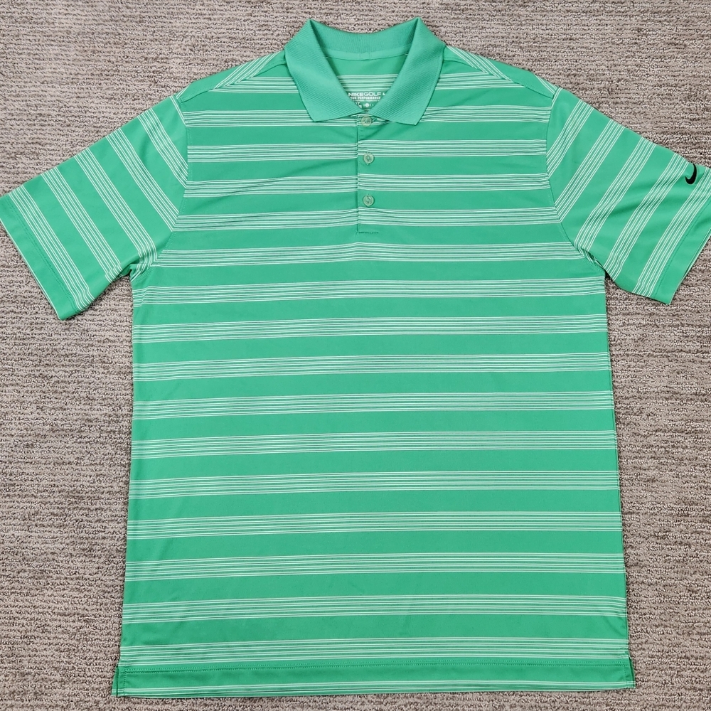 Nike Golf Tour Performance Polo Green White Striped Men Large Dri Fit Breathable